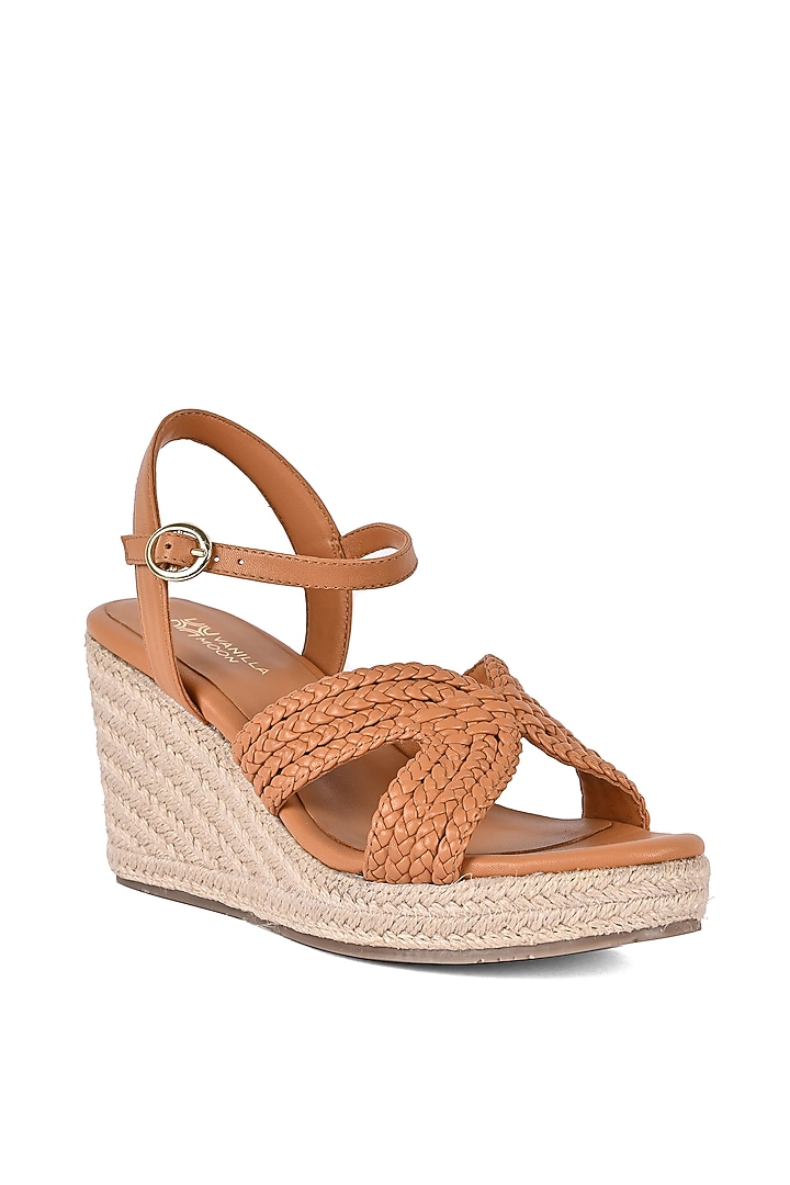 Tan Leather Braided Wedges by VANILLA MOON at Pernia's Pop Up Shop