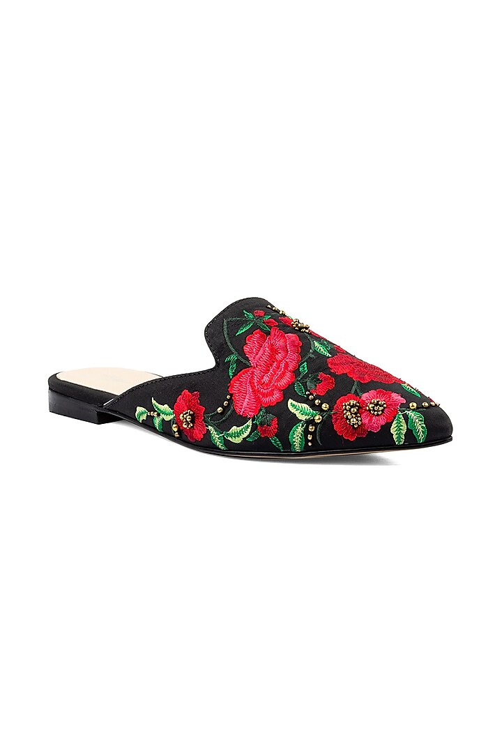 Black Floral Embroidered Mules by VANILLA MOON