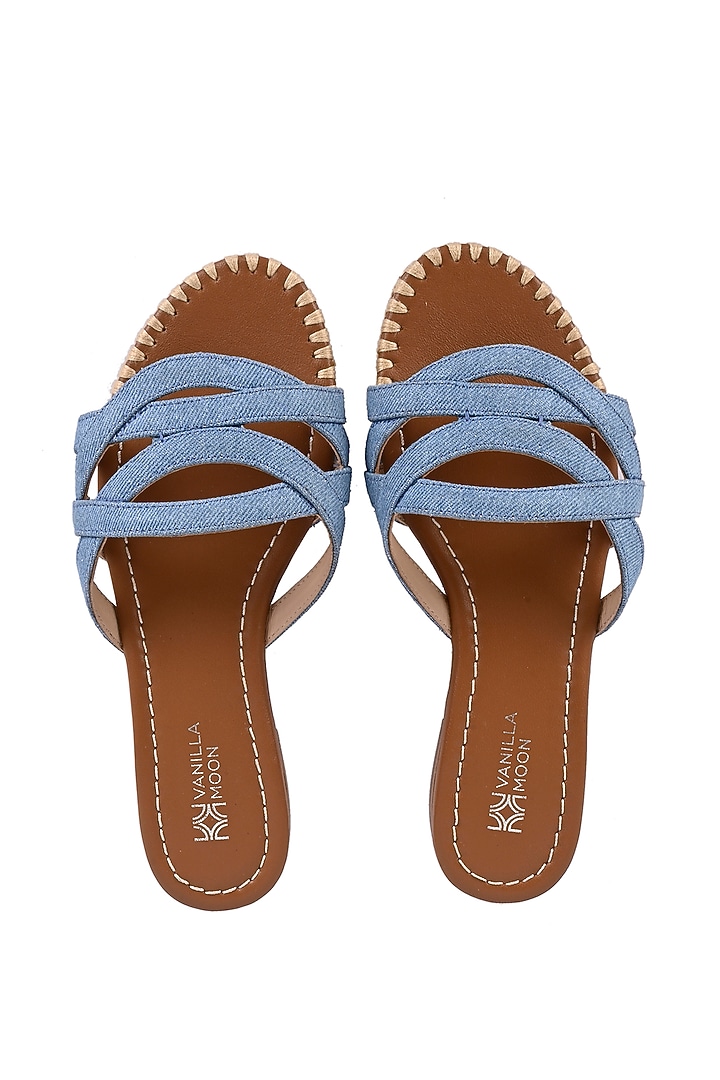 Blue Textile Leather Strappy Slip-On Flats by VANILLA MOON at Pernia's Pop Up Shop