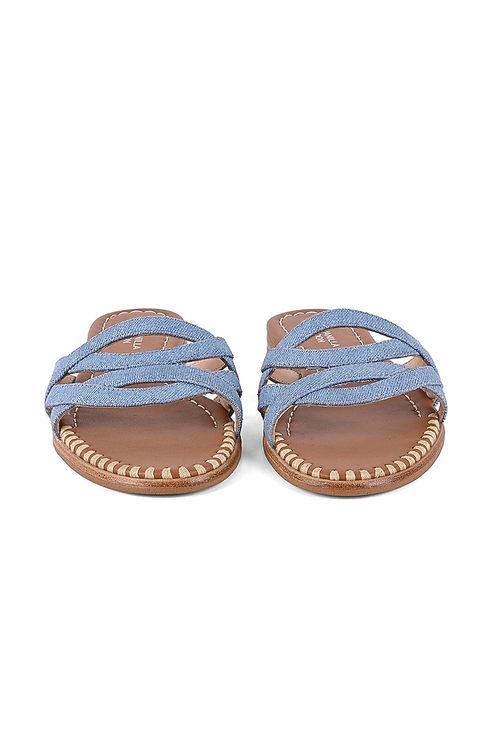 Blue Textile Leather Strappy Slip-On Flats by VANILLA MOON at Pernia's Pop Up Shop