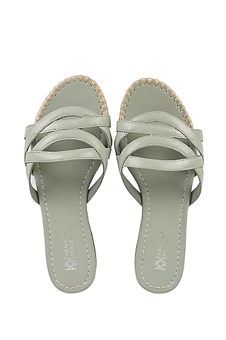 Green Textile Leather Strappy Slip-On Flats by VANILLA MOON