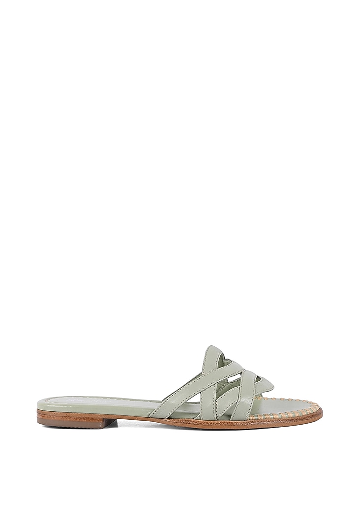Green Textile Leather Strappy Slip-On Flats by VANILLA MOON at Pernia's Pop Up Shop