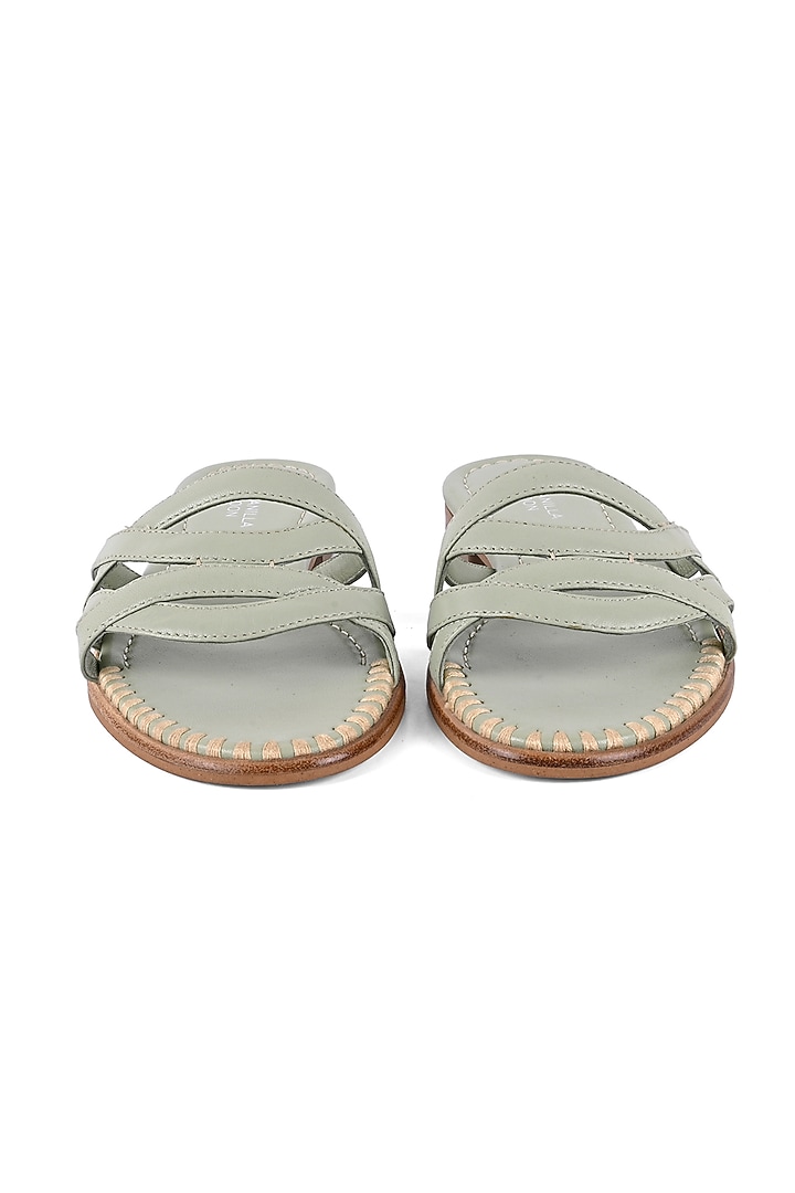 Green Textile Leather Strappy Slip-On Flats by VANILLA MOON at Pernia's Pop Up Shop