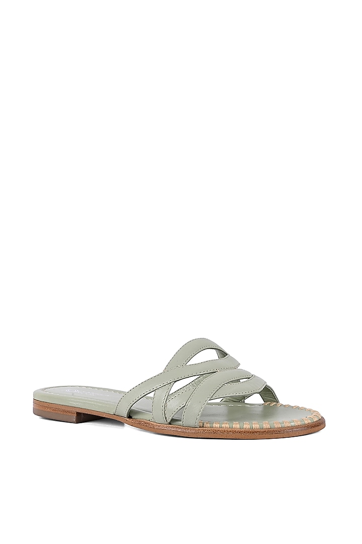 Green Textile Leather Strappy Slip-On Flats by VANILLA MOON at Pernia's Pop Up Shop