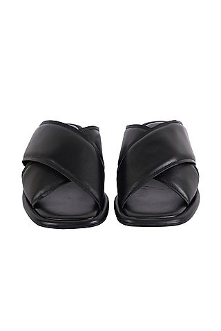 Black Leather Cross Strap Heels by JVAM