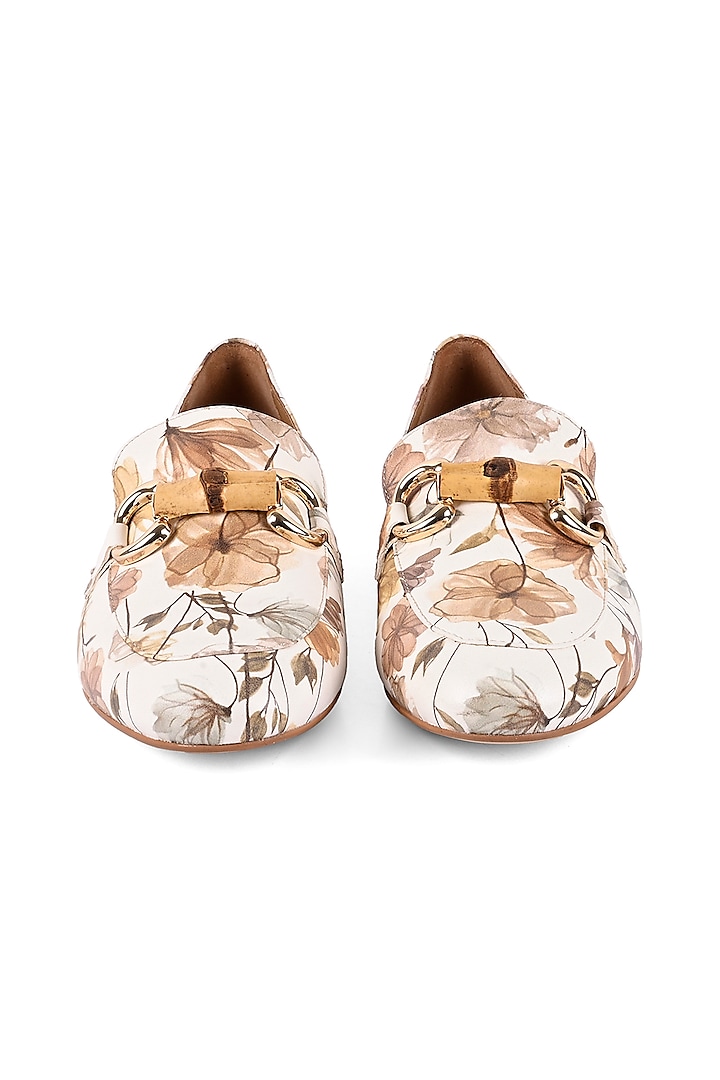 Beige Leather Floral Printed Loafers by VANILLA MOON at Pernia's Pop Up Shop