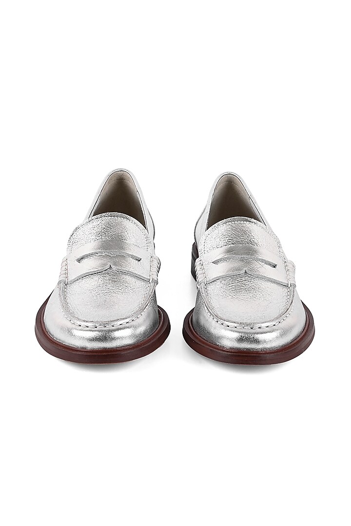 Silver Leather Slip-On Moccasins by VANILLA MOON at Pernia's Pop Up Shop