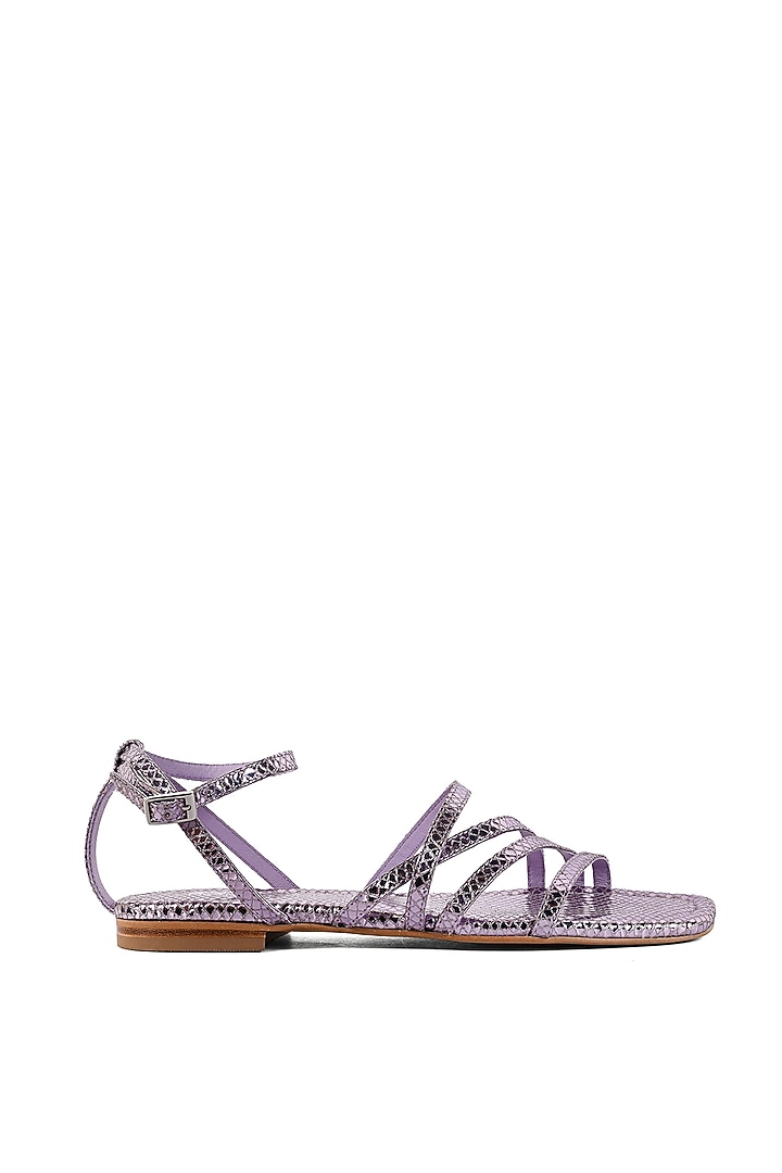 Lilac Leather Foil Printed Strappy Flats by VANILLA MOON at Pernia's Pop Up Shop