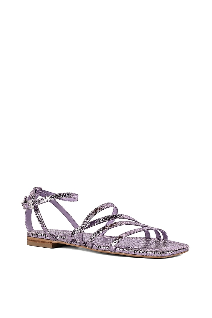 Lilac Leather Foil Printed Strappy Flats by VANILLA MOON at Pernia's Pop Up Shop