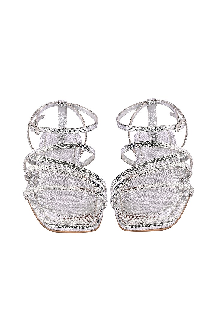 Silver Leather Foil Printed Strappy Flats by VANILLA MOON