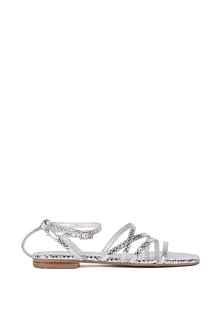 Silver Leather Foil Printed Strappy Flats by VANILLA MOON at Pernia's Pop Up Shop