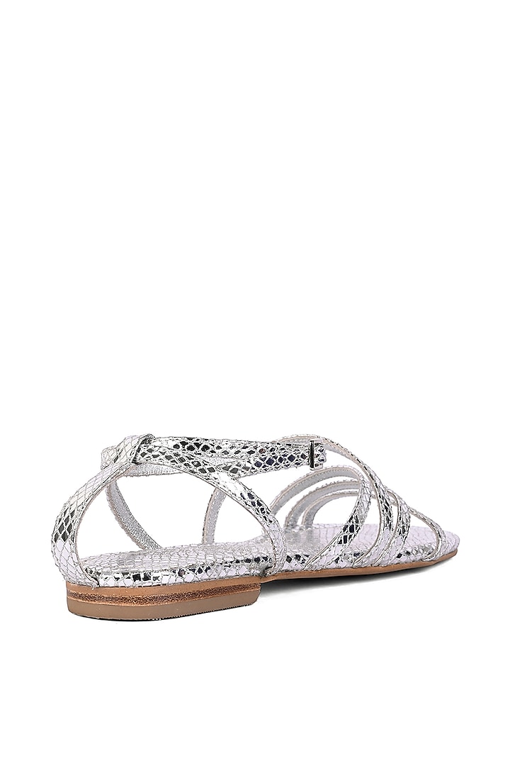 Silver Leather Foil Printed Strappy Flats by VANILLA MOON at Pernia's Pop Up Shop