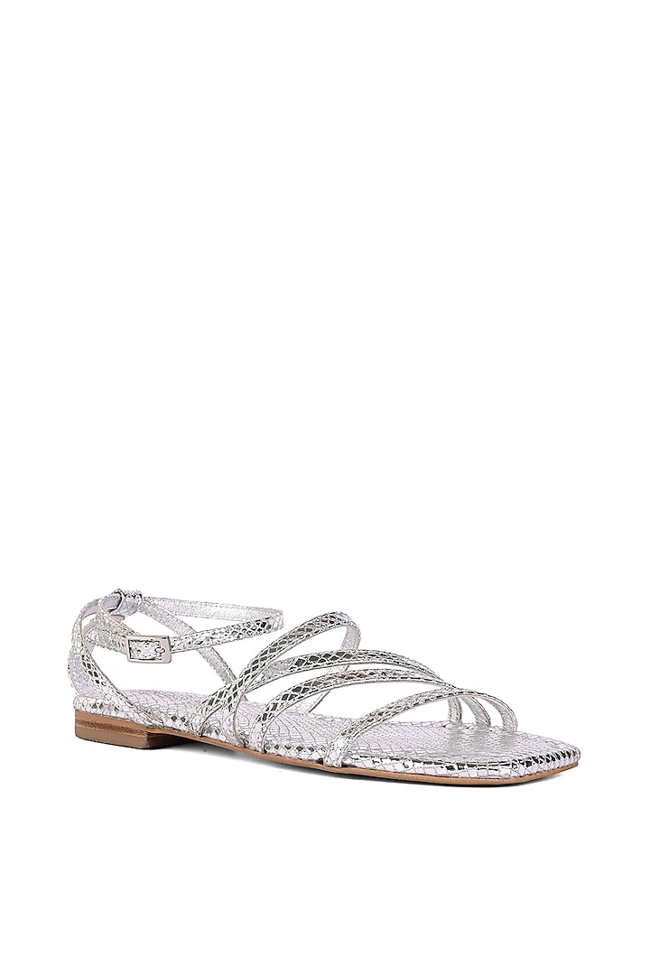 Silver Leather Foil Printed Strappy Flats by VANILLA MOON at Pernia's Pop Up Shop