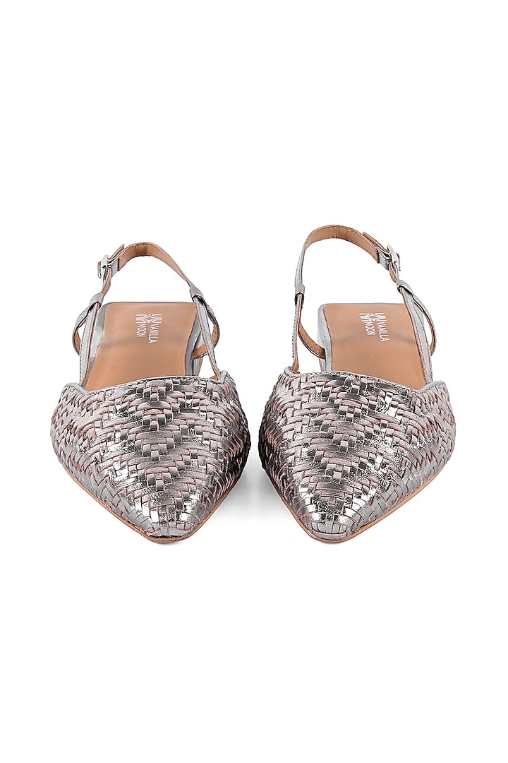 Pewter Leather Basket Weave Pointy Slingback Flats by VANILLA MOON