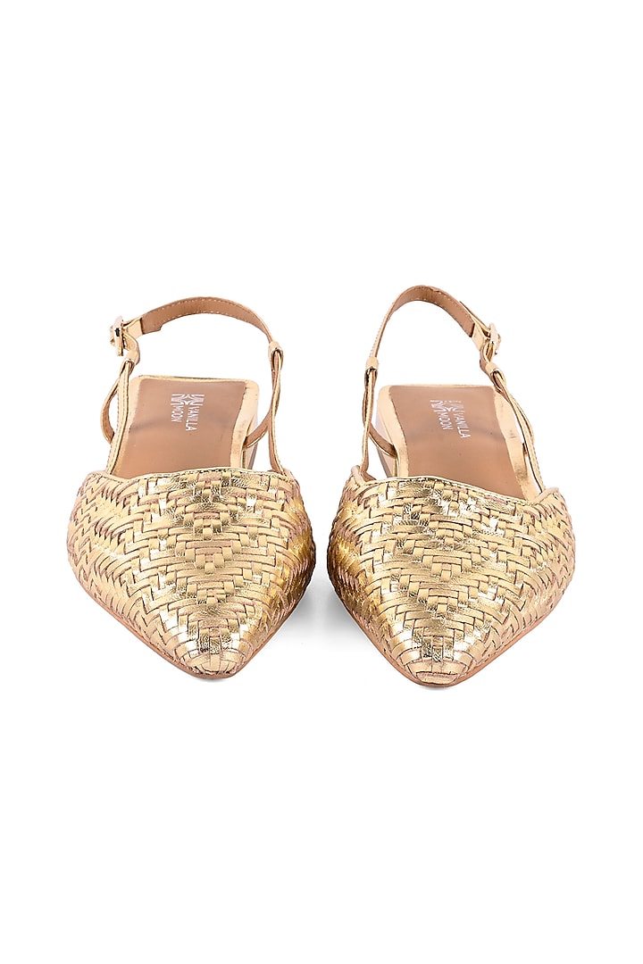 Gold Leather Basket Weave Pointy Slingback Flats by VANILLA MOON