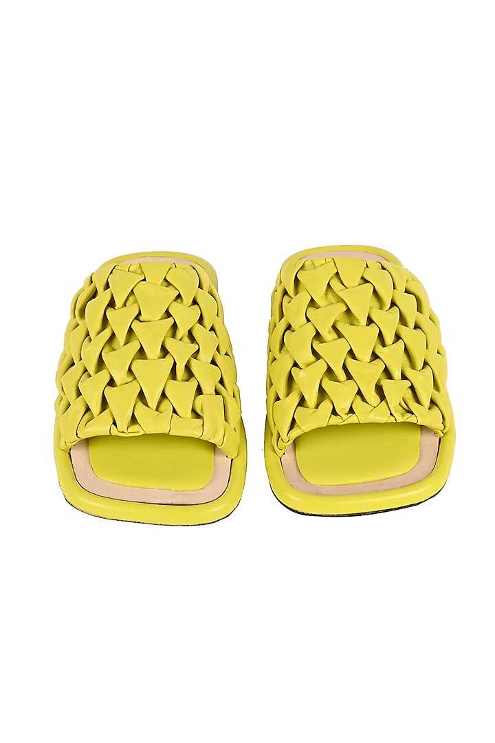 Lime Green Leather Cushioned Smocked Flats by VANILLA MOON