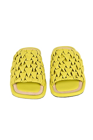 Lime Green Leather Cushioned Smocked Flats by JVAM