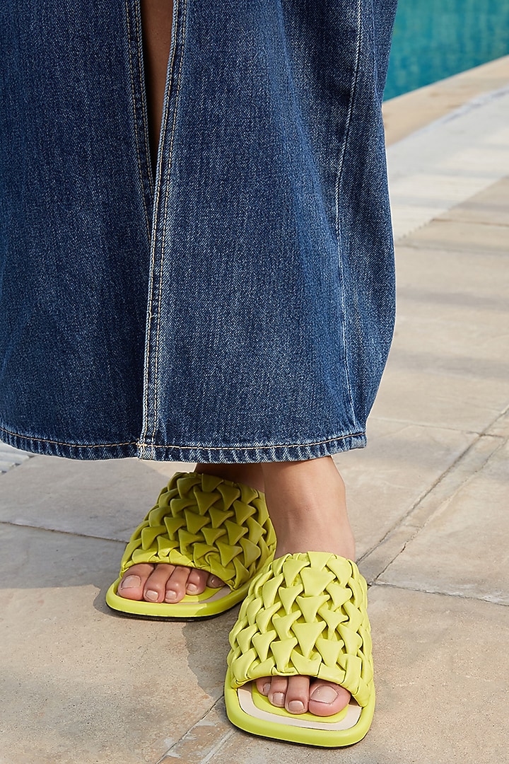 Lime Green Leather Cushioned Smocked Flats by JVAM at Pernia's Pop Up Shop