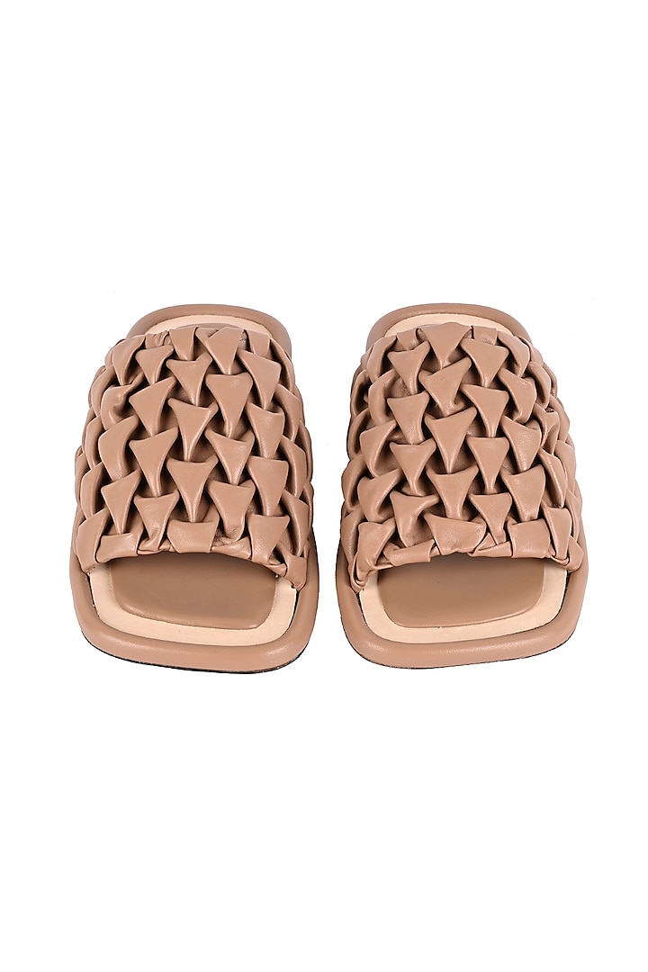 Nude Leather Cushioned Smocked Flats by VANILLA MOON