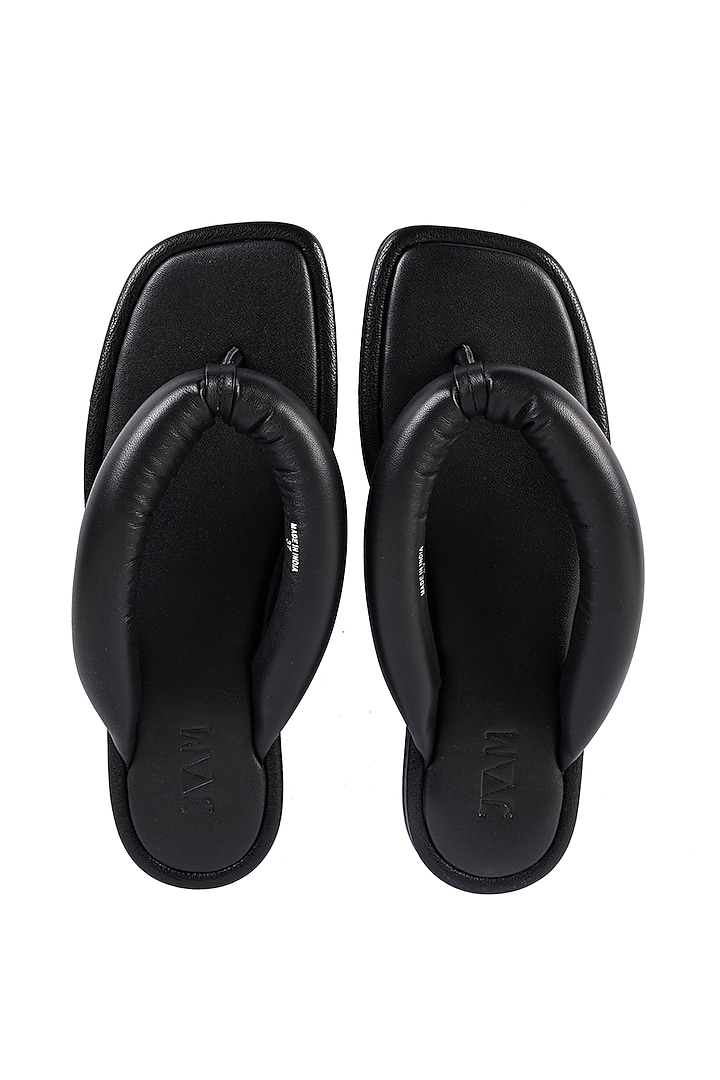 Black Leather Tubular Thong Square-Toed Slippers by VANILLA MOON