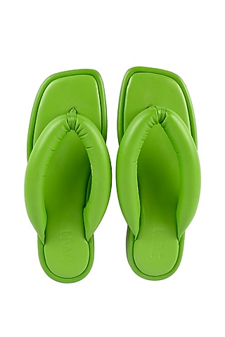 Green Leather Tubular Thong Square-Toed Slippers by JVAM