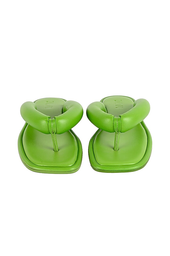 Green Leather Tubular Thong Square-Toed Slippers by JVAM at Pernia's Pop Up Shop