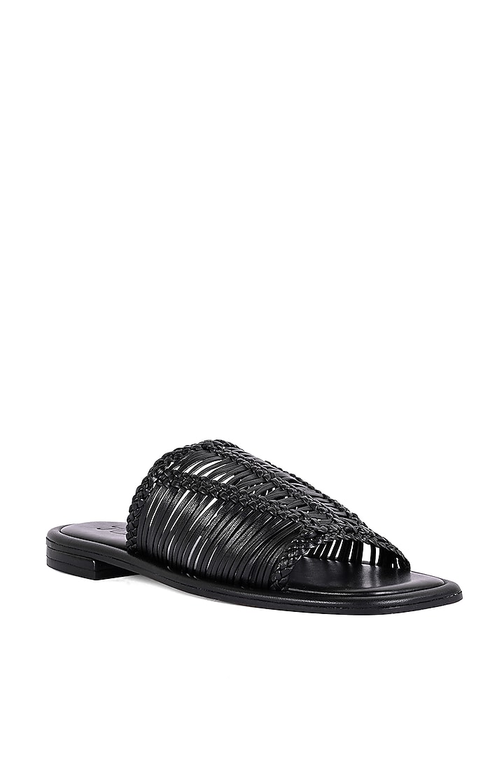 Black Leather Square Toe Mules by JVAM at Pernia's Pop Up Shop