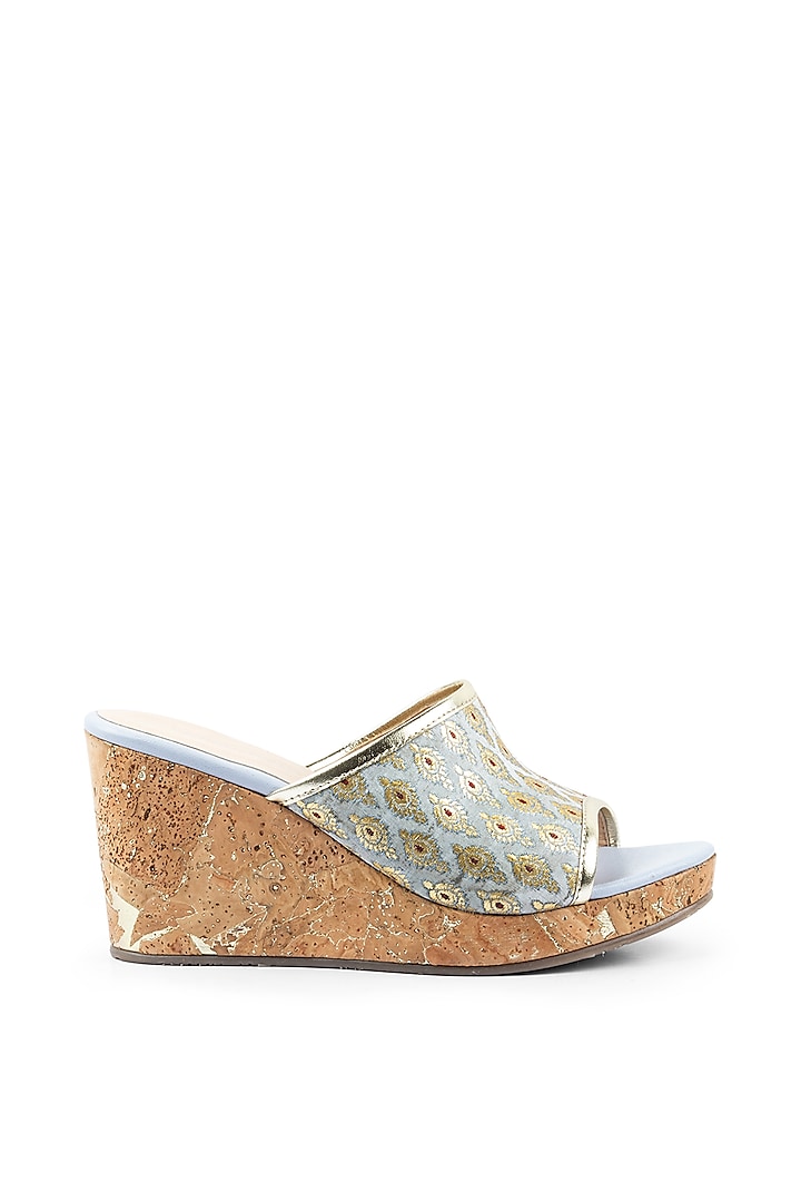 Sky Blue & Gold Brocade Wedge Sandals by VANILLA MOON