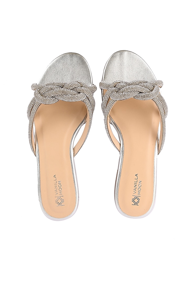Silver Faux Leather Diamante Knotted Flats by VANILLA MOON