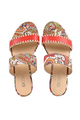 Red Leather Floral Printed & Hand Crocheted Flats by VANILLA MOON