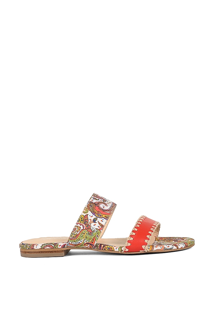 Red Leather Floral Printed & Hand Crocheted Flats by VANILLA MOON at Pernia's Pop Up Shop