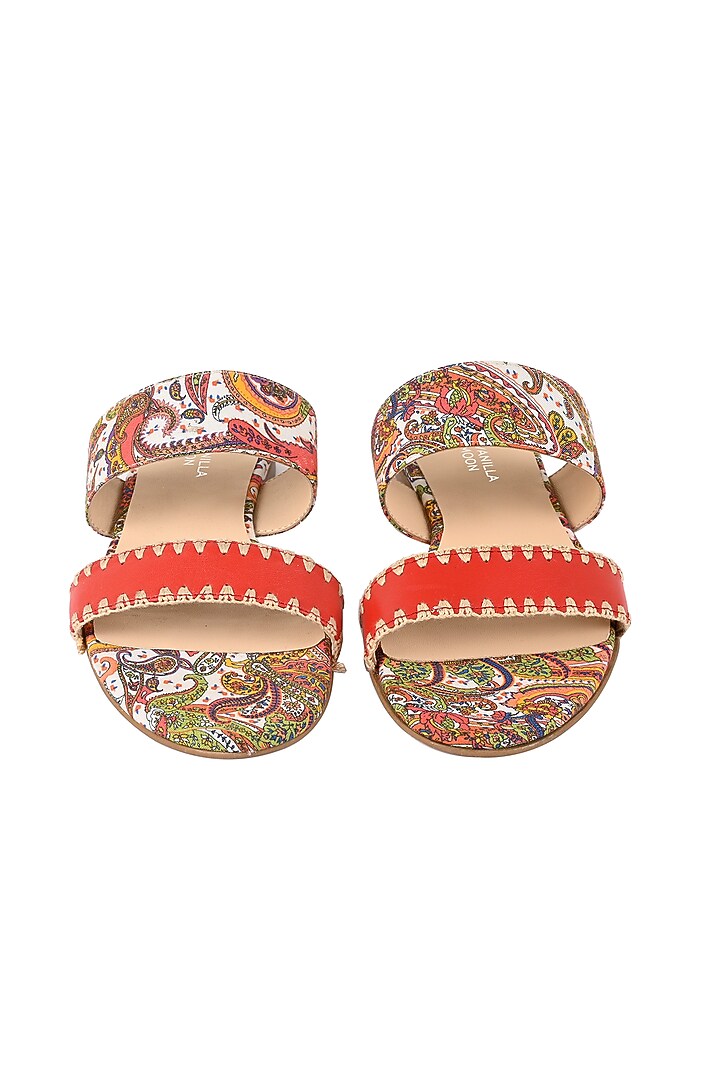 Red Leather Floral Printed & Hand Crocheted Flats by VANILLA MOON at Pernia's Pop Up Shop