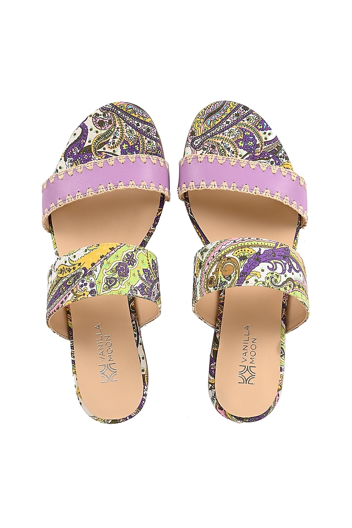 Lilac Leather Floral Printed & Hand Crocheted Flats by VANILLA MOON