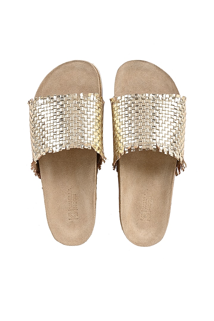 Gold Leather Fringe Hand Woven Slip-Ons by VANILLA MOON