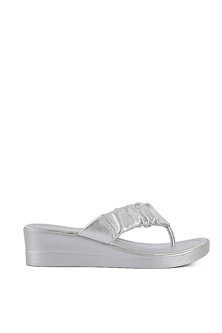 Metallic Silver Leather Ruched Wedges by VANILLA MOON at Pernia's Pop Up Shop
