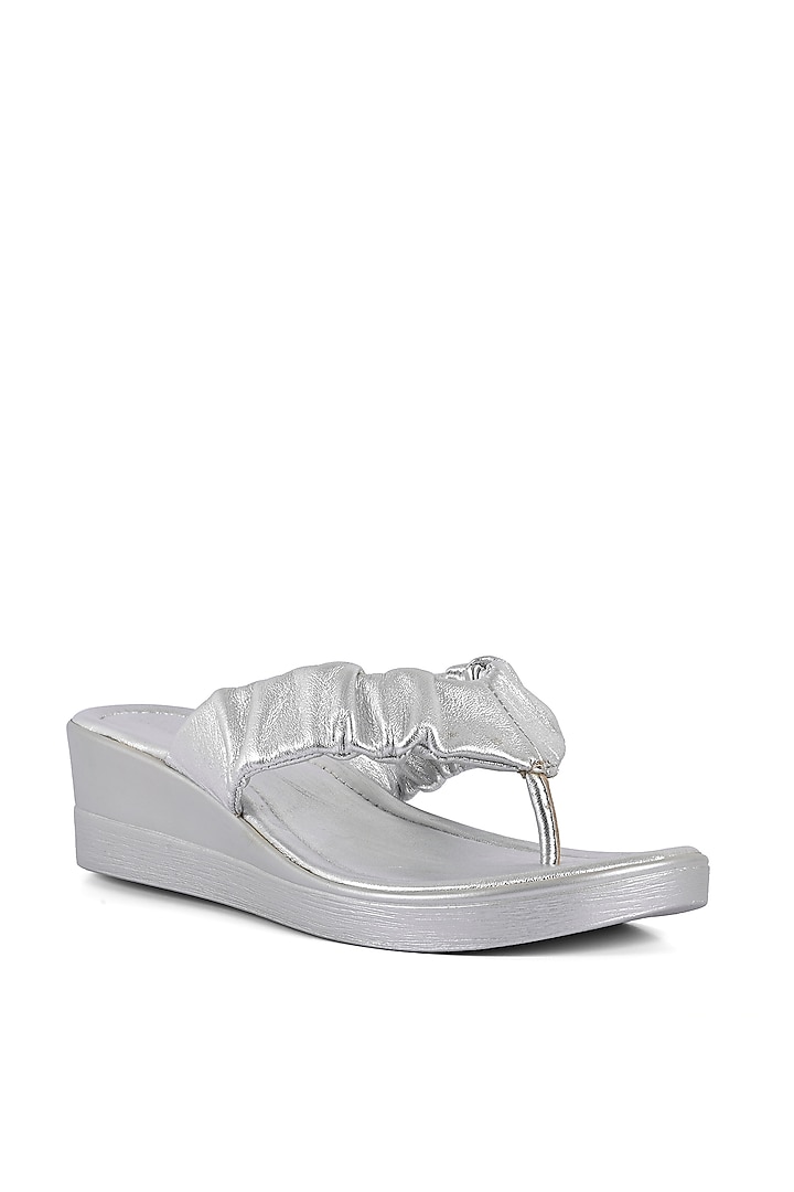 Metallic Silver Leather Ruched Wedges by VANILLA MOON at Pernia's Pop Up Shop
