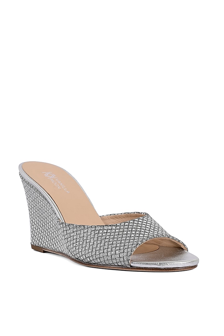 Metallic Silver Textile Slip-On Wedges by VANILLA MOON at Pernia's Pop Up Shop