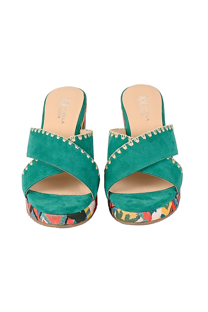 Green Leather Cross Strap Wedges by VANILLA MOON