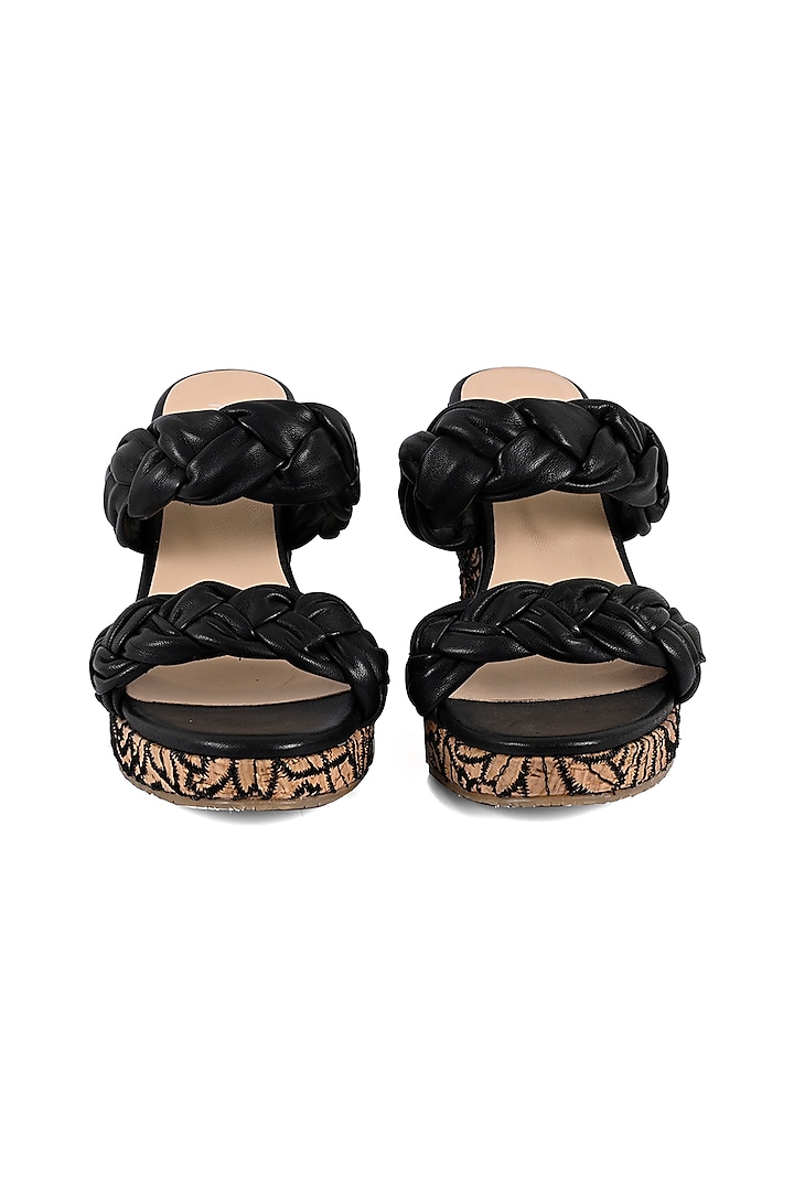 Black Leather Embroidered Braided Wedges by VANILLA MOON