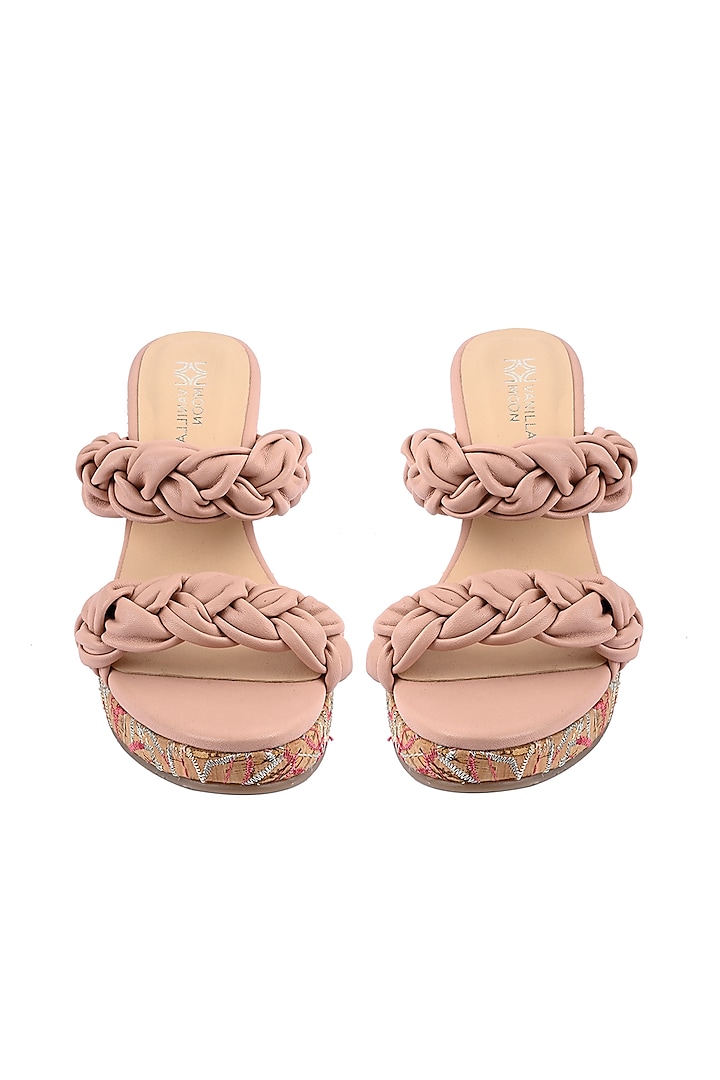 Pink Leather Embroidered Braided Wedges by VANILLA MOON