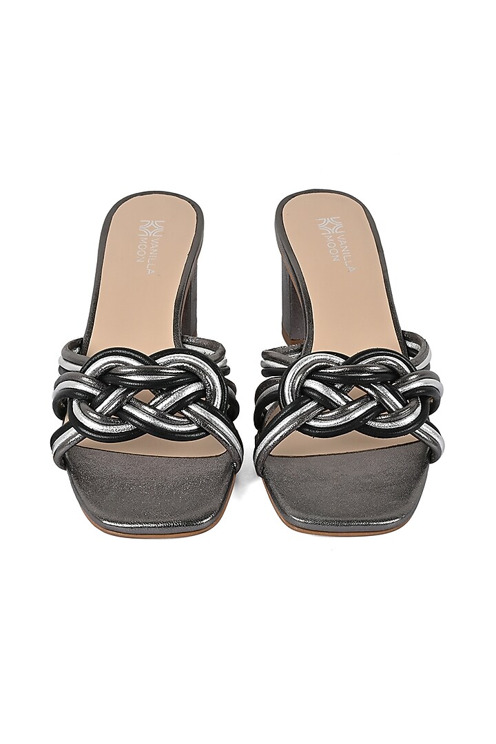 Pewter Black Leather Heeled Slip-Ons by VANILLA MOON at Pernia's Pop Up Shop