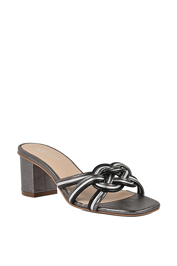 Pewter Black Leather Heeled Slip-Ons by VANILLA MOON at Pernia's Pop Up Shop
