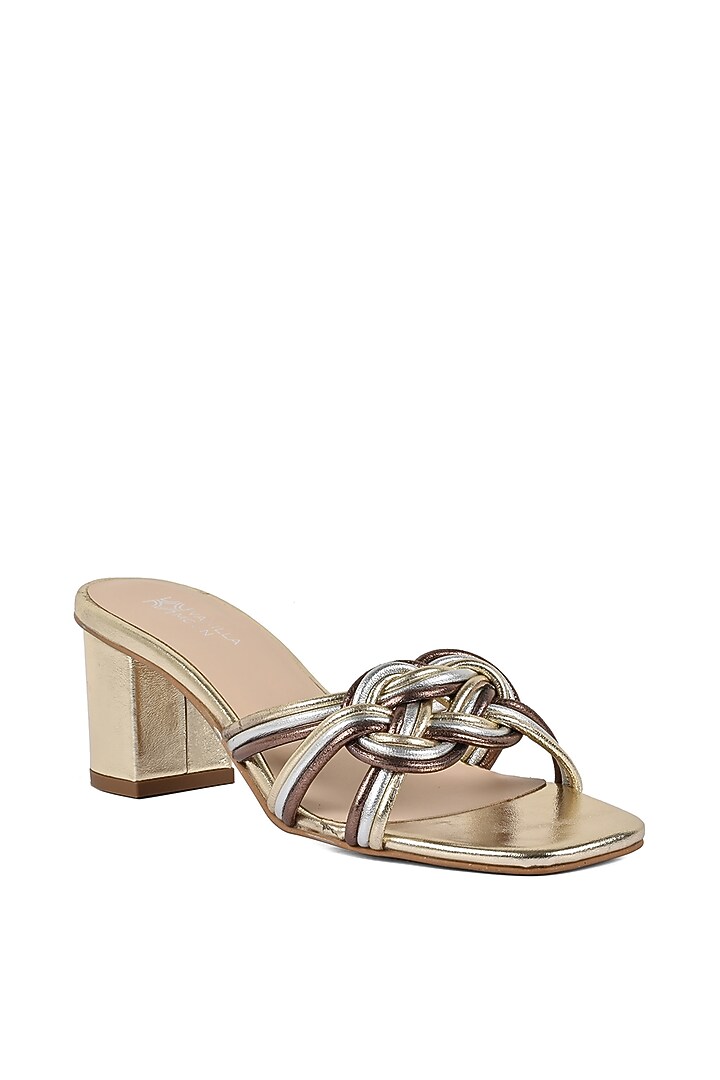 Gold Leather Heeled Slip-Ons by VANILLA MOON at Pernia's Pop Up Shop