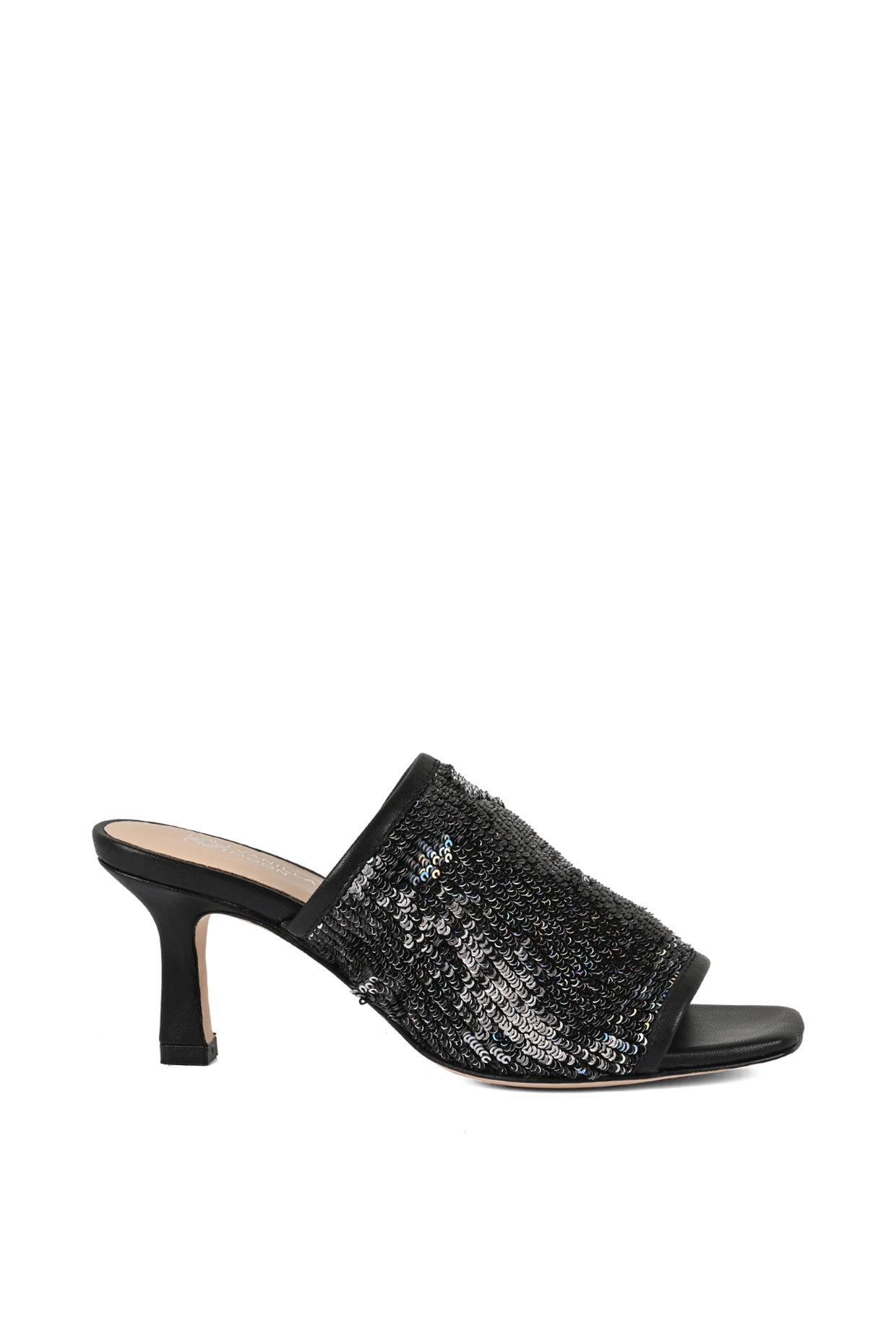 Black Sequinned Heeled Slip-Ons by VANILLA MOON at Pernia's Pop Up Shop