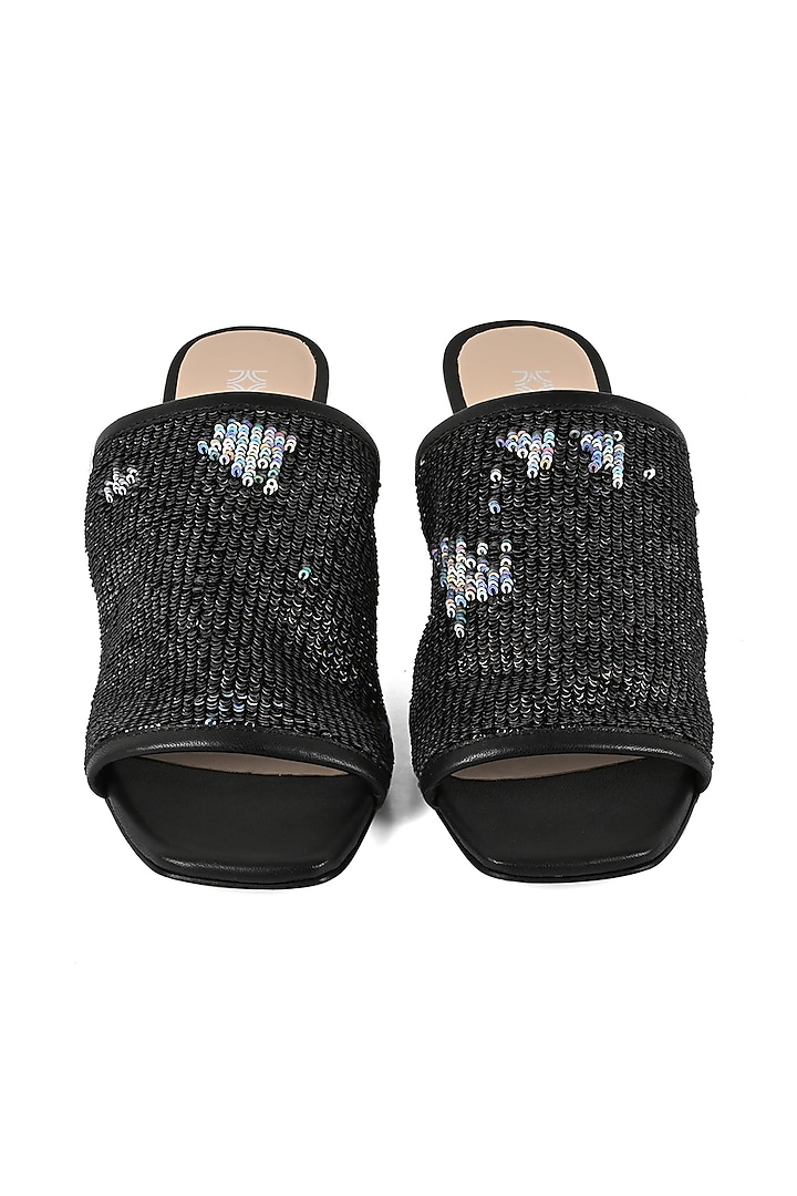 Black Sequinned Heeled Slip-Ons by VANILLA MOON at Pernia's Pop Up Shop