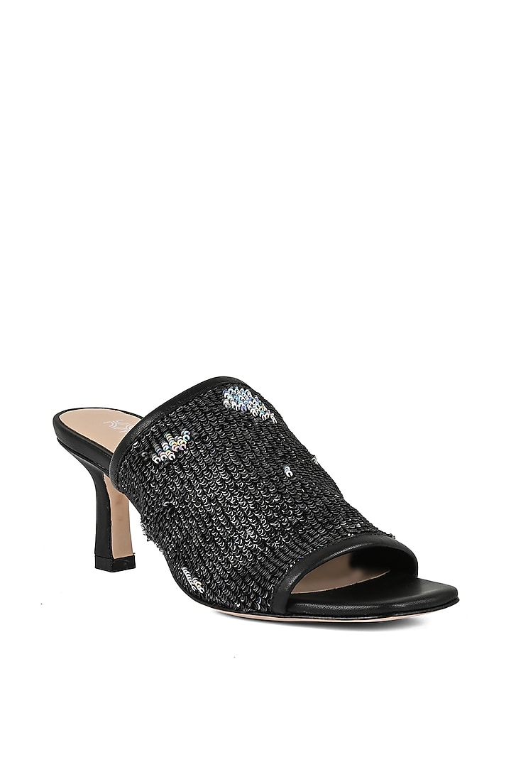 Black Sequinned Heeled Slip-Ons by VANILLA MOON at Pernia's Pop Up Shop