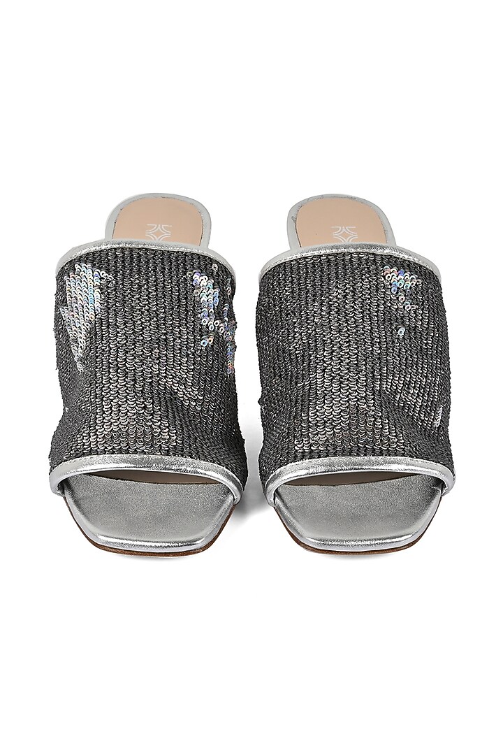 Silver Sequinned Heeled Slip-Ons by VANILLA MOON at Pernia's Pop Up Shop