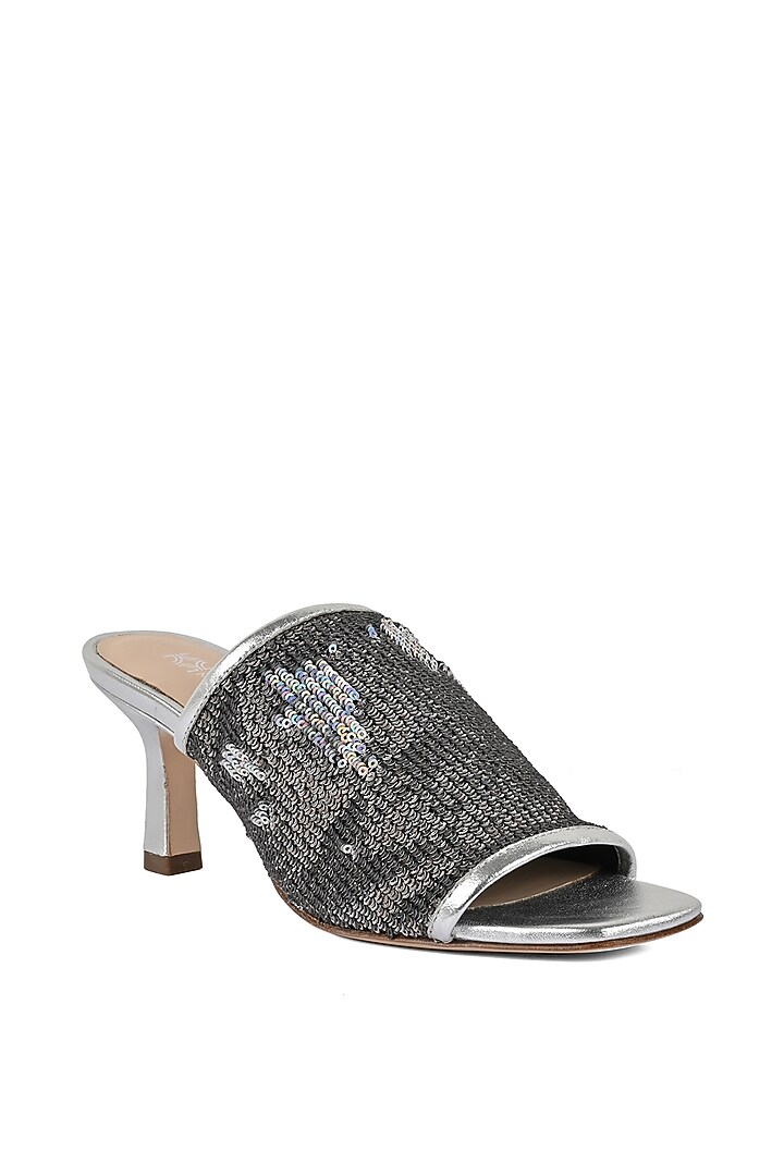 Silver Sequinned Heeled Slip-Ons by VANILLA MOON at Pernia's Pop Up Shop