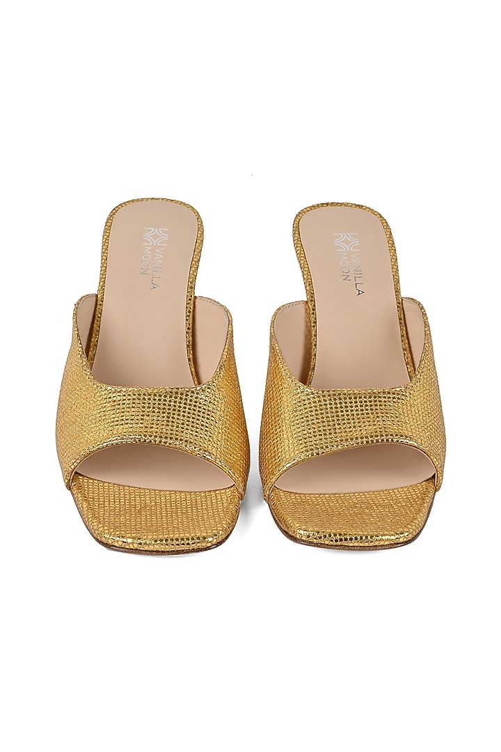 Gold Leather Heeled Slip-Ons by VANILLA MOON at Pernia's Pop Up Shop