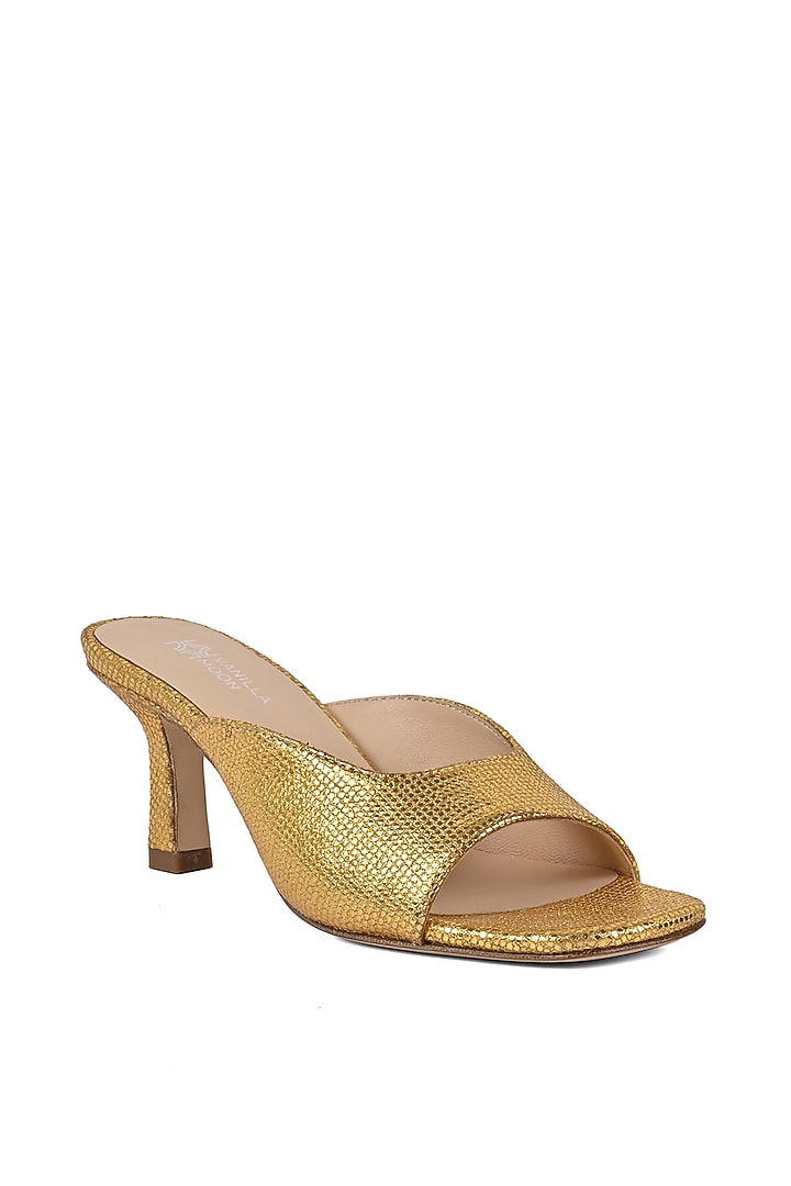 Gold Leather Heeled Slip-Ons by VANILLA MOON at Pernia's Pop Up Shop